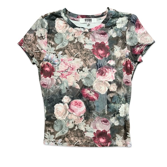 Stevie Madden Floral Mesh Top Sheer See‎ Through Fitted Tee Shirt S - Picture 1 of 3